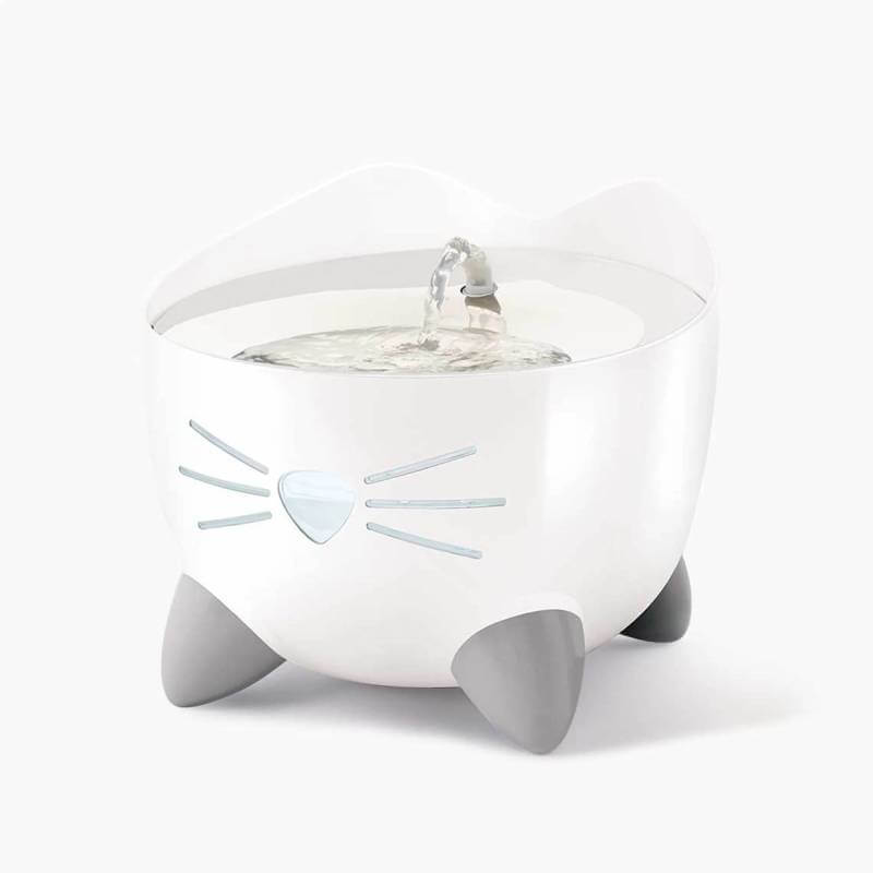 Catit Pixi Fountain Stainless Steel with gray feet and whiskers on a plain background.