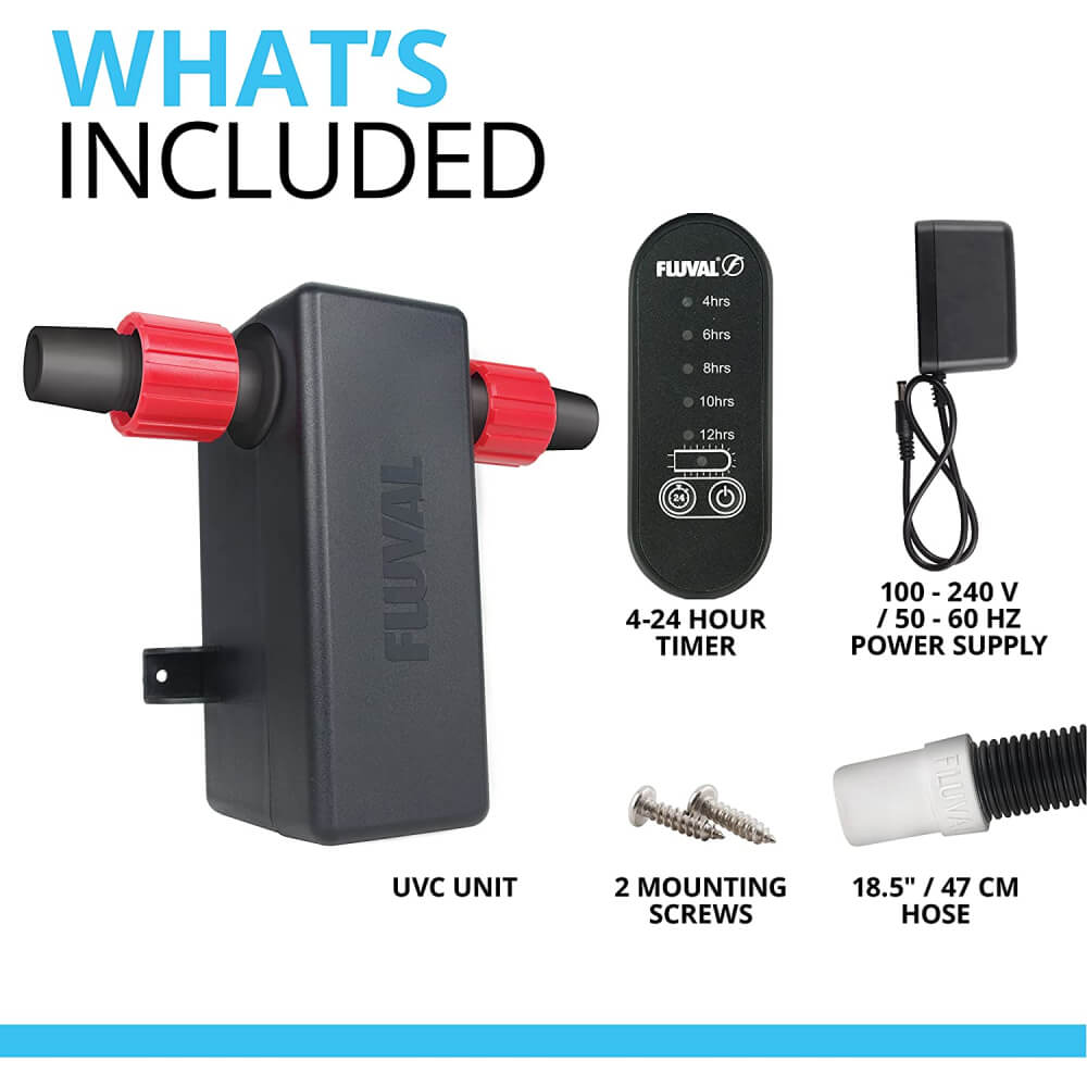 Fluval In-Line UVC Clarifier with timer, power supply, screws & hose on white background.