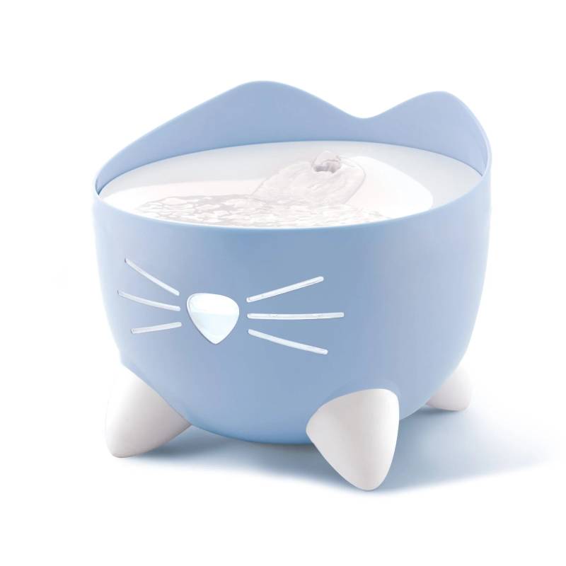 The Catit Pixi Fountain Light Blue is an ergonomic cat fountain with white feet and whiskers.