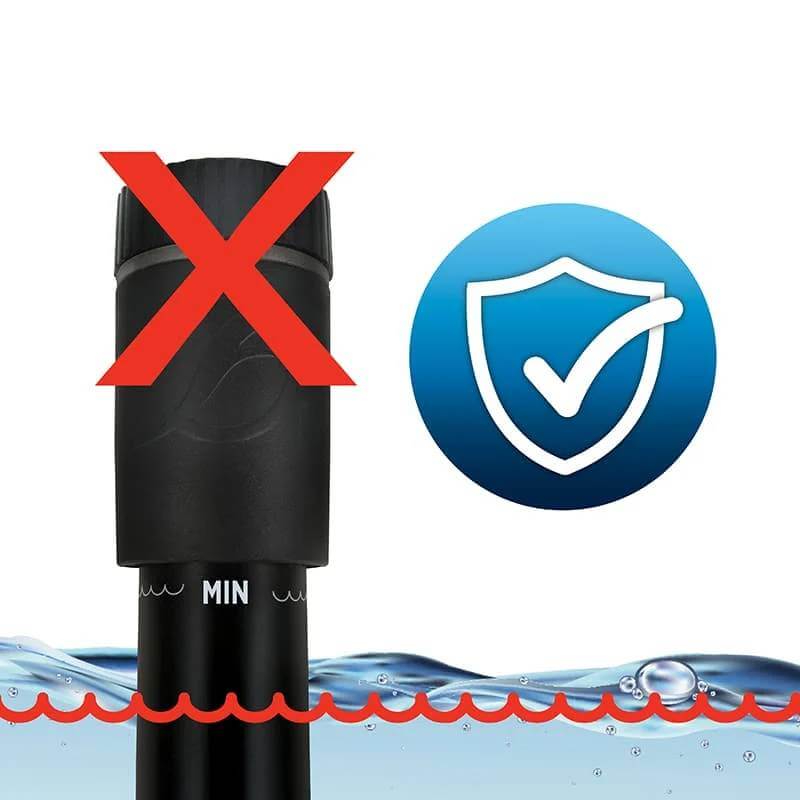 Fluval T50 Heater shows low water alert with red X and blue shield for safety.