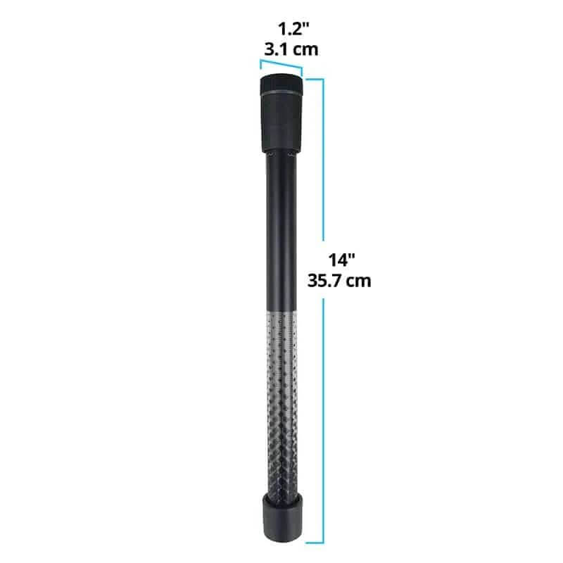 Fluval T300 Heater by Fluval, black cylinder, 14" x 1.2", labeled in inches and cm.