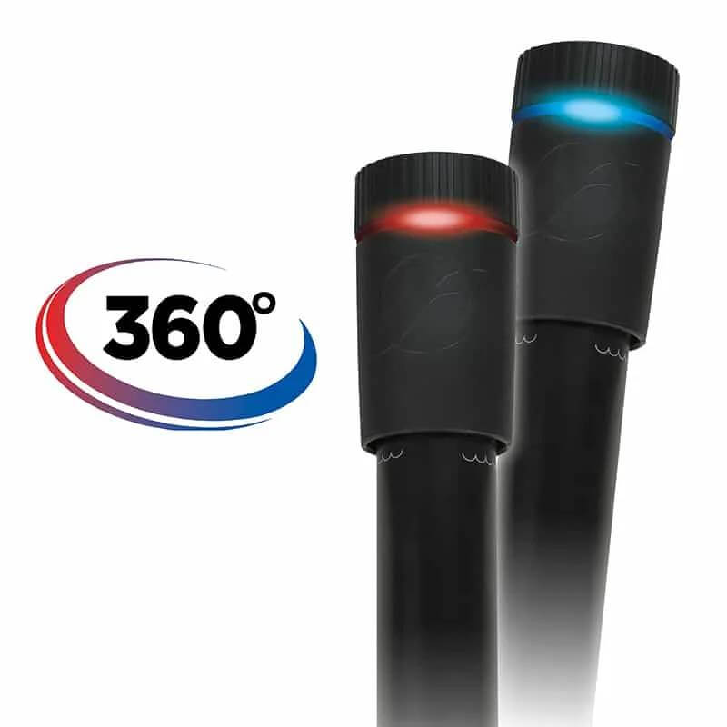 Two black pipes, red/blue lights, and 360° symbol—perfect for your Fluval T300 Heater.