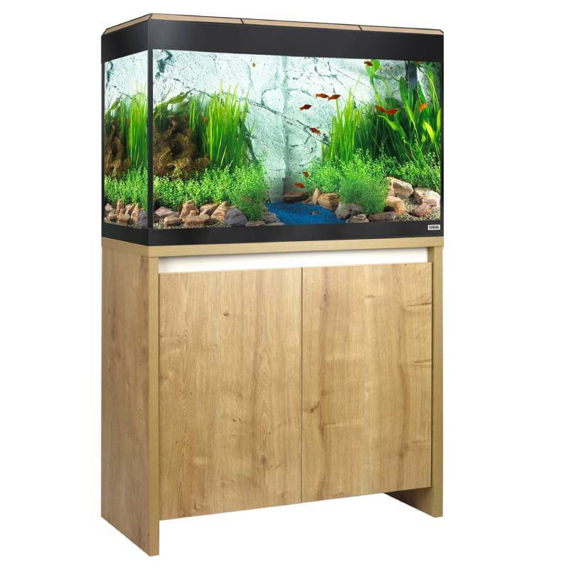 Fluval Roma LED Aquarium Fish Tank Only by Fluval, shown on a wooden cabinet with lighting.