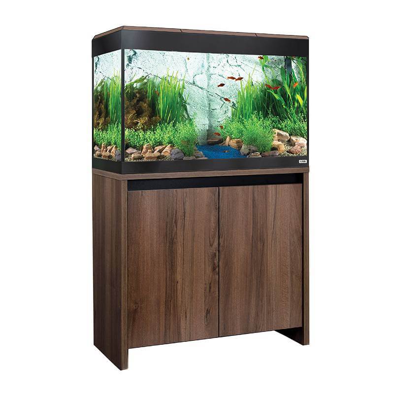 A Fluval Roma LED Aquarium Fish Tank Only by Fluval with Bluetooth LED lighting on a cabinet.