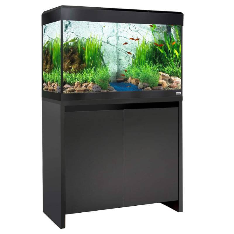 Fluval Roma LED Aquarium Fish Tank Only by Fluval on a black stand with Bluetooth lighting.