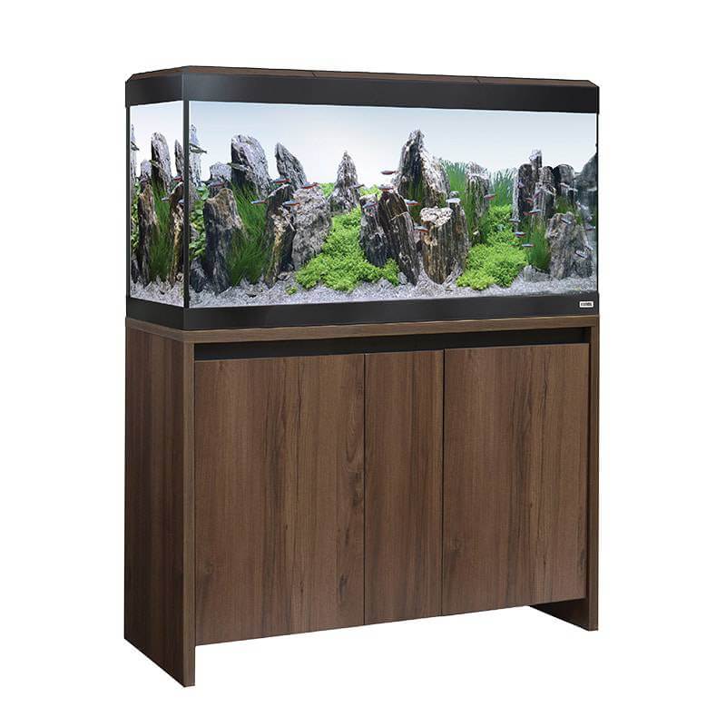 Fluval Roma LED Aquarium Fish Tank Only by Fluval with rocks, wooden stand, and Bluetooth LED lighting.