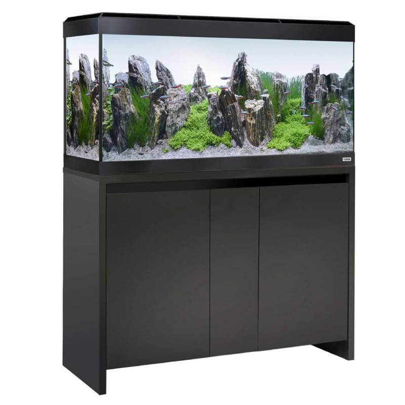 Fluval Roma LED Aquarium Fish Tank Only by Fluval with green plants, rocks, and Bluetooth LED light.