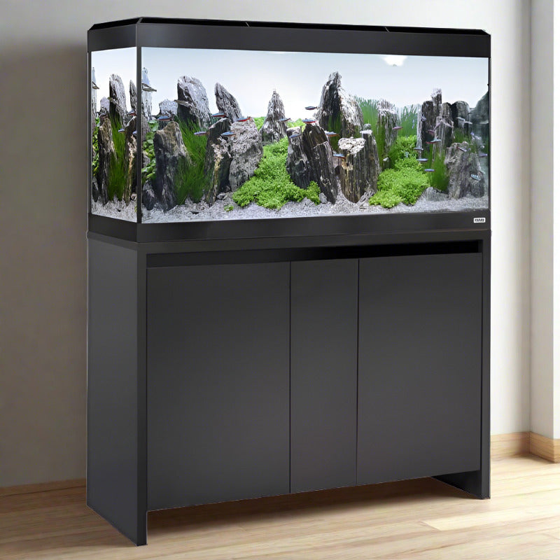 A Fluval Roma LED 200L Aquarium & Cabinet with plants and rocks sits stylishly in the corner.