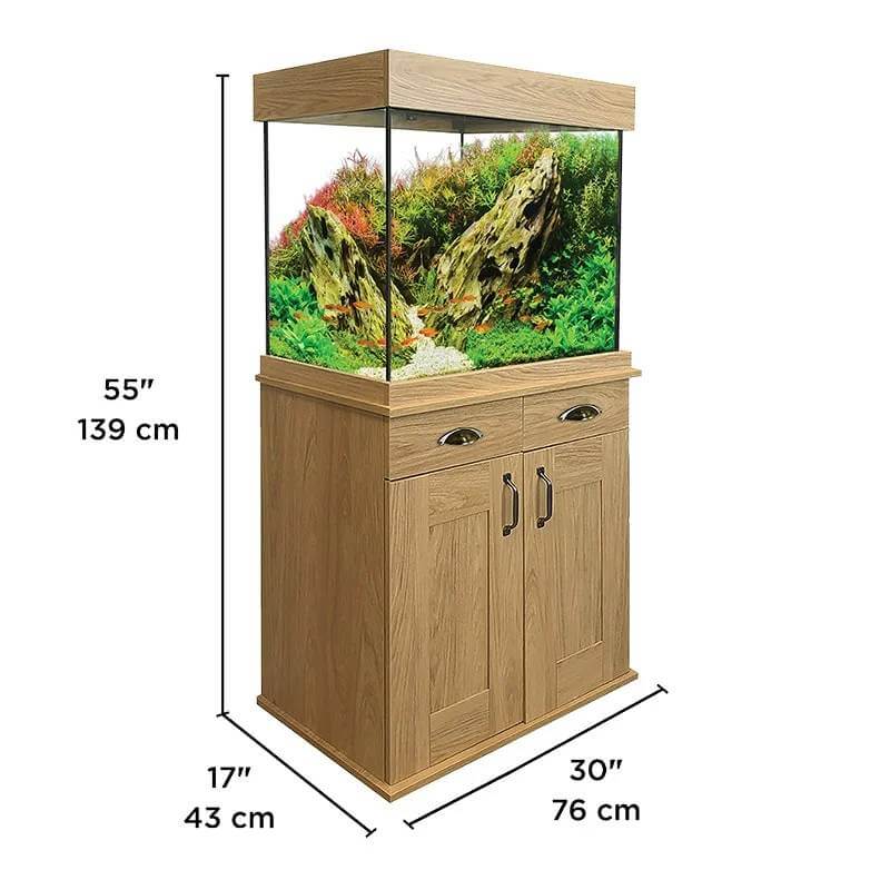 Modern living room with Fluval Shaker 168L Aquarium & Cabinet, potted plant, and floor lamp.