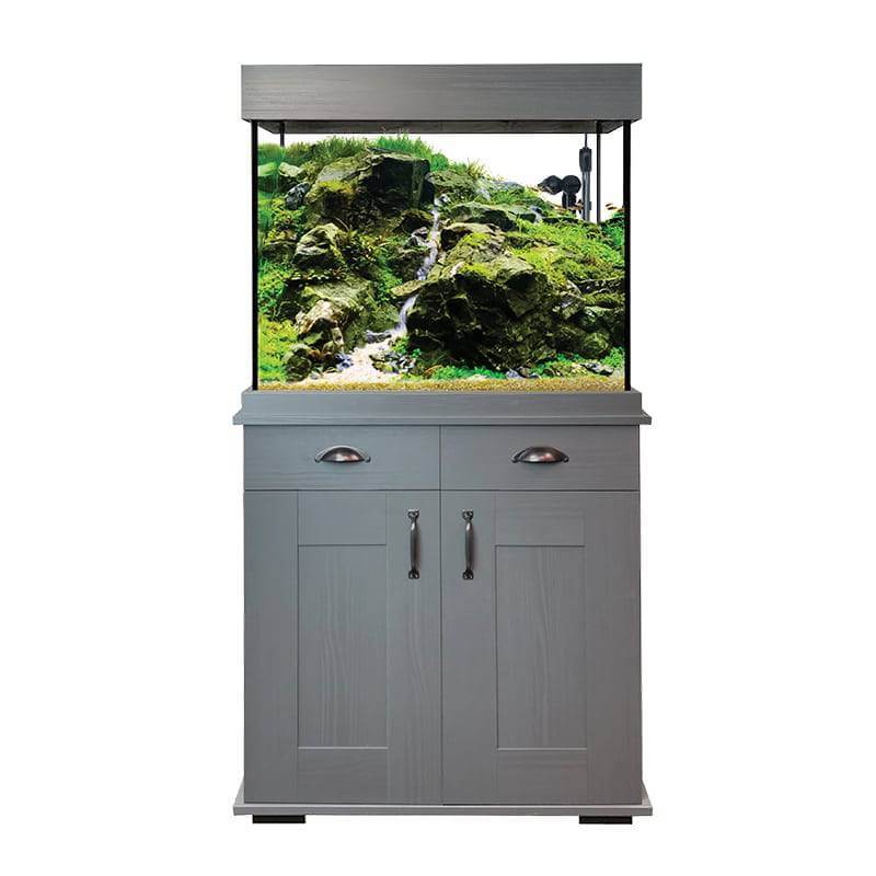 The Fluval Shaker 168L Aquarium & Cabinet displays green plants and rocks inside.