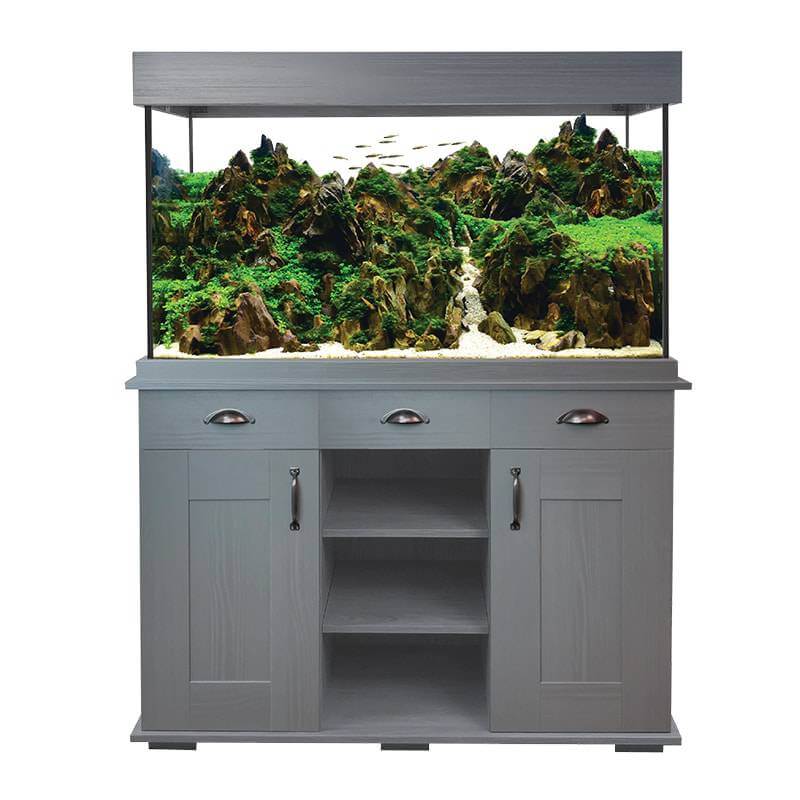 Fluval Shaker 252L Aquarium & Cabinet by Fluval features Bluetooth LED on a gray wooden cabinet.