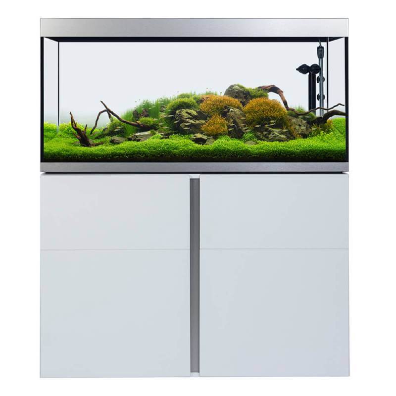 Fluval Siena 332L Aquarium Set by Fluval with plants, rocks, and LED Plant 3.0 on white cabinet.