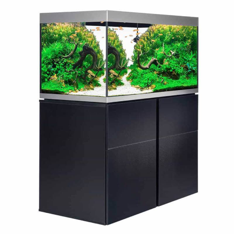 Fluval Siena 332L Aquarium Set by Fluval on black stand, with plants and LED Plant 3.0 lights.