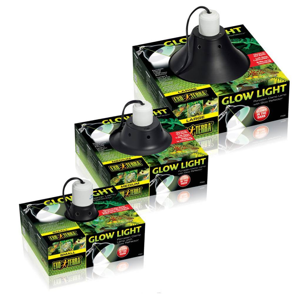 Exo Terra Glow Light & Reflector lamps in three sizes shown with their boxes.