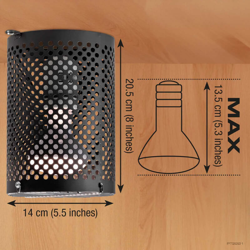 Exo Terra Heat Guard Lamp Holder with bulb size chart and cm/inch measurements, by Exo Terra.