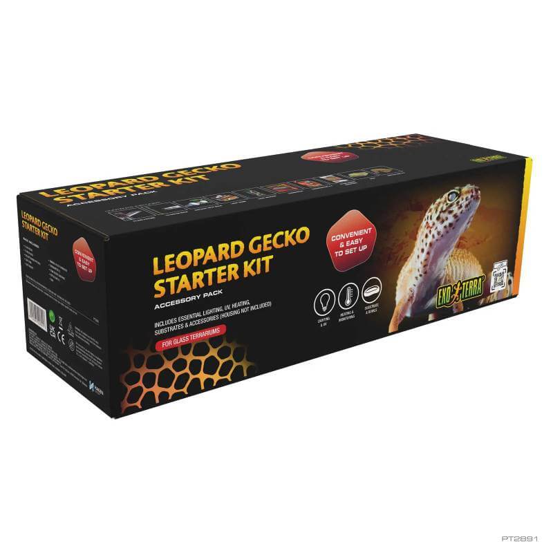 Exo Terra Leopard Gecko Terrarium Kit box with UVB lamp and details on the packaging.