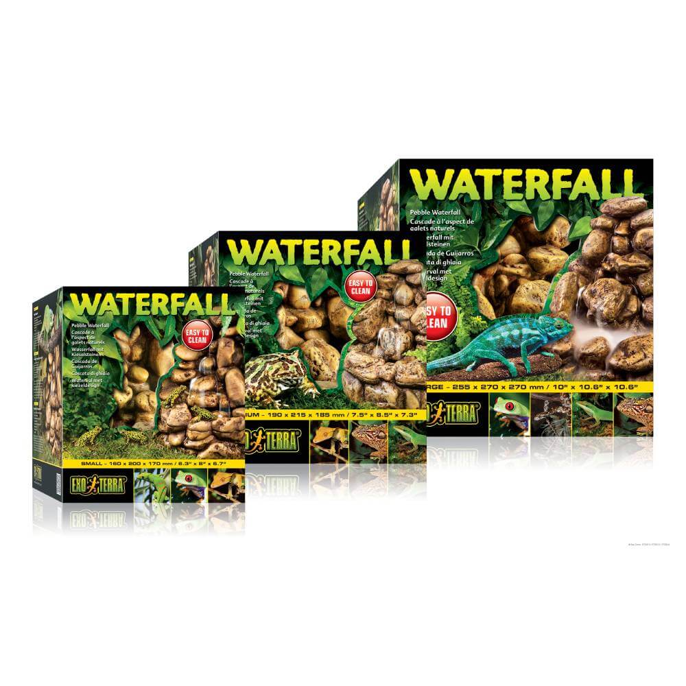 Three Exo Terra Pebble Waterfall boxes display a reptile water feature on a white background.