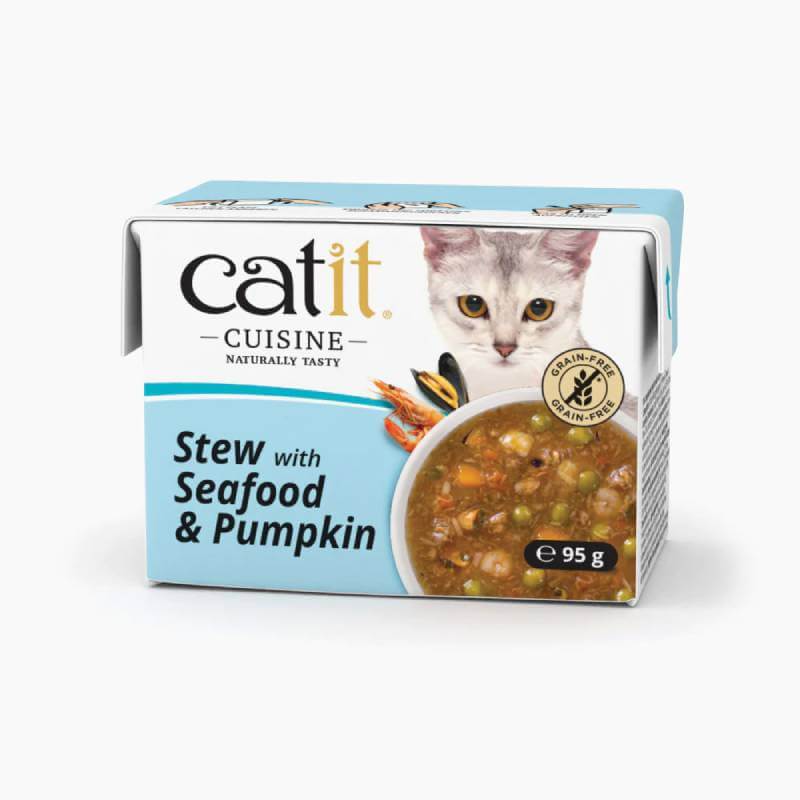 Catit Cuisine Seafood Stew 95g—grain-free wet cat food with seafood and pumpkin.