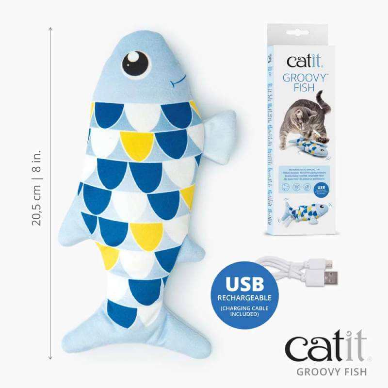 Catit Mini Groovy Fish Blue cat toy, by Catit, with catnip and a smiling face.