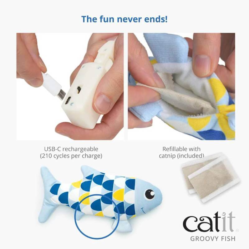 Catit Mini Groovy Fish Blue—motion-activated cat toy with USB charging and catnip pouch.