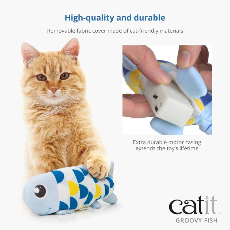Orange cat with Catit Mini Groovy Fish Blue cat toy and its removable motor casing shown close up.