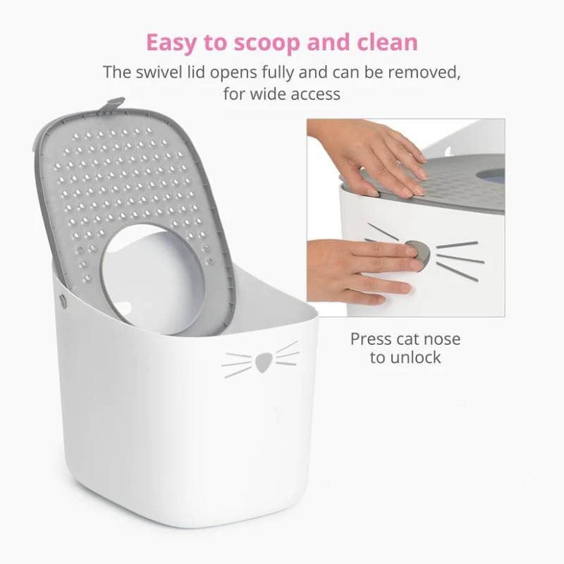 Catit Pixi Top Entry Litter Box Grey with swivel lid; press cat nose button to unlock and open.