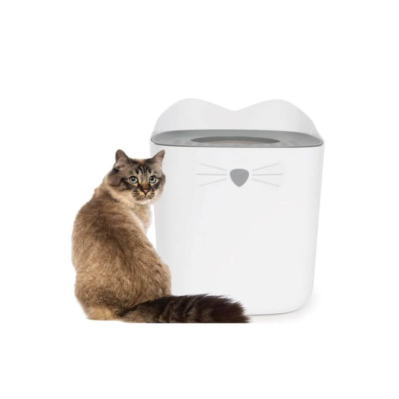 Fluffy brown cat sits by a Catit Pixi Top Entry Litter Box Grey with a whisker design.