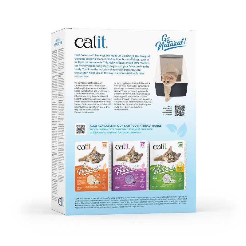 Catit Go Natural Pea Husk Litter Mix Vanilla 6.4kg with product details on the packaging.