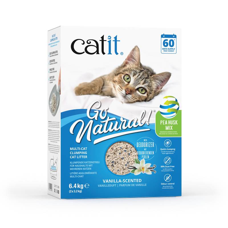 Catit Go Natural Pea Husk Litter Mix Vanilla 6.4kg with product details on the packaging.