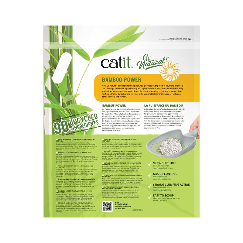 Catit Go Natural Bamboo Litter Vanilla 1.4kg with bamboo graphics and product features.
