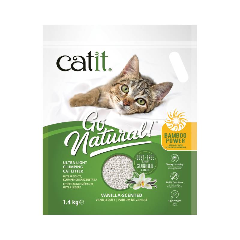 Catit Go Natural Bamboo Litter Vanilla 1.4kg bag with cat and green bamboo power label.