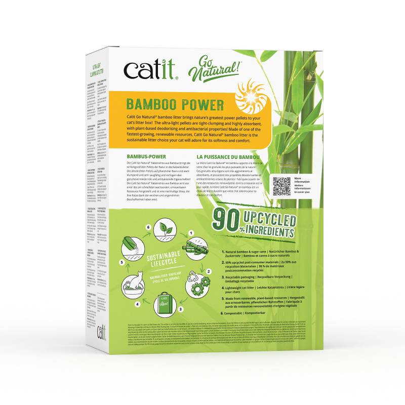 Back of Catit Go Natural Bamboo Litter Vanilla 3.6kg box with green bamboo and dust-free formula.