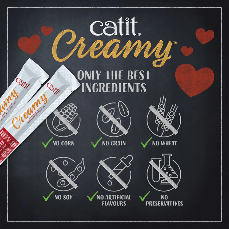 Catit Creamy Treats Salmon & Prawn: high protein, no corn, grain, soy, or artificial flavors.