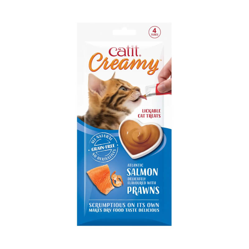 Catit Creamy Treats Salmon & Prawn 4x10g pouch, loved by cats as an all-natural treat.