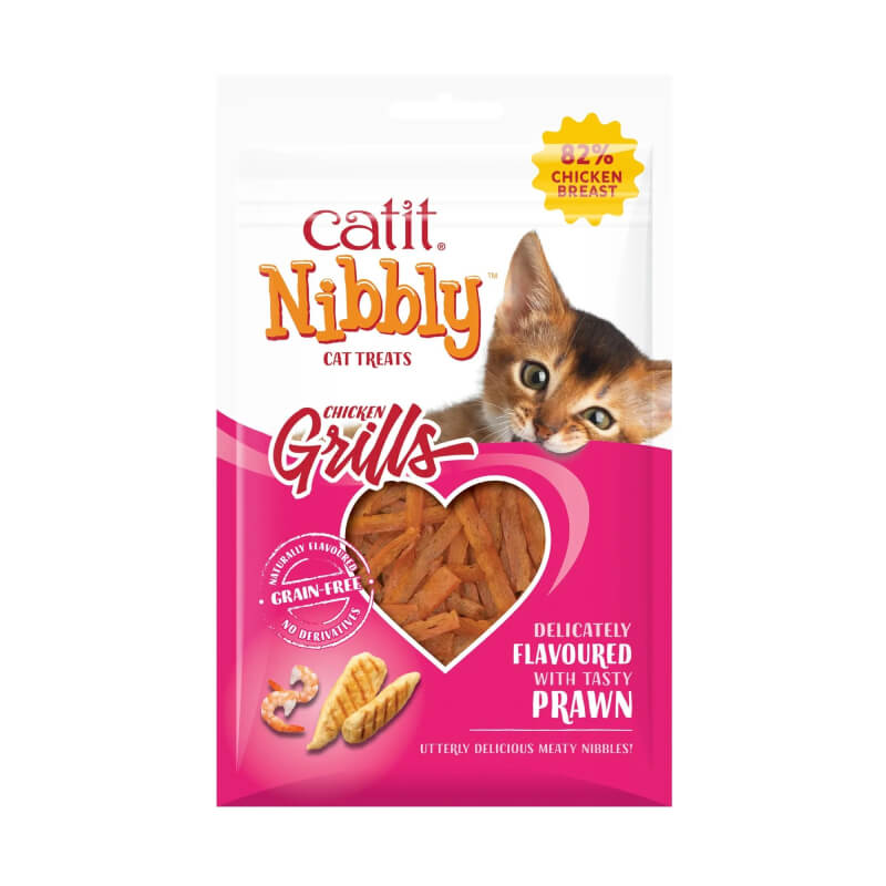 Catit Nibbly Grills Chicken & Prawn 30g cat treats in a pink and white package.