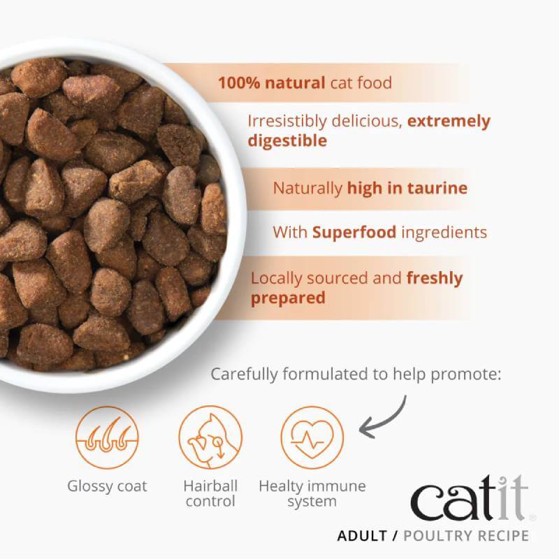 A bowl of Catit Recipes Adult Cat Dry Food Poultry with Catit branding and health benefits.