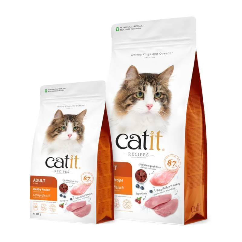 Two bags of Catit Recipes Adult Cat Dry Food Poultry by Catit with cat and meat on the packaging.