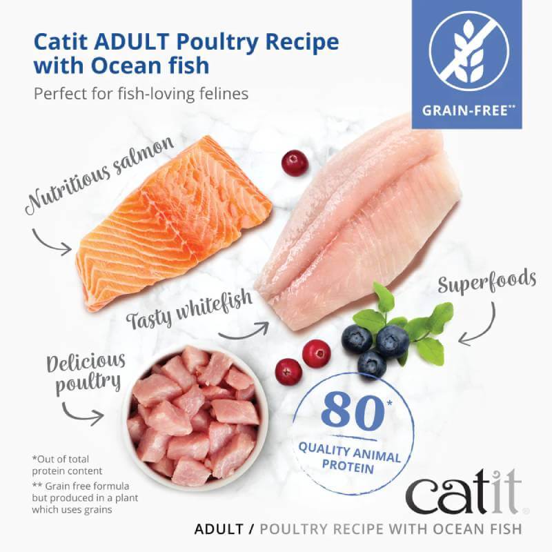 Catit Recipes Adult Cat Dry Food Ocean Fish is a grain-free recipe with salmon, whitefish & poultry.
