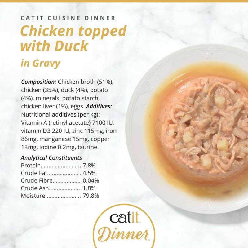 Catit Cuisine Dinners Chicken cat food with duck in gravy next to its ingredient list.