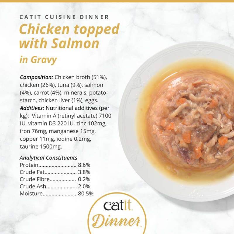 Catit Cuisine Dinners Chicken: high-protein cat food in gravy, served in a small dish.