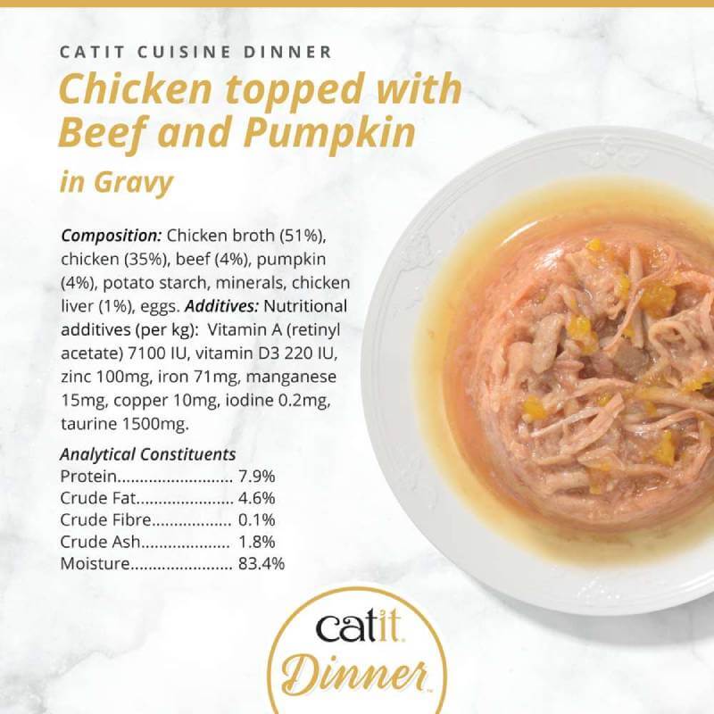 Catit Cuisine Dinners Chicken cat food with pumpkin in gravy, displayed with ingredients.