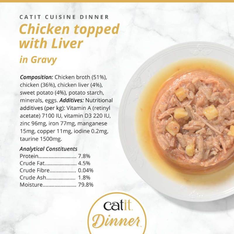 Catit Cuisine Dinners Chicken grain-free cat food with chicken and liver in gravy, sweet potato.