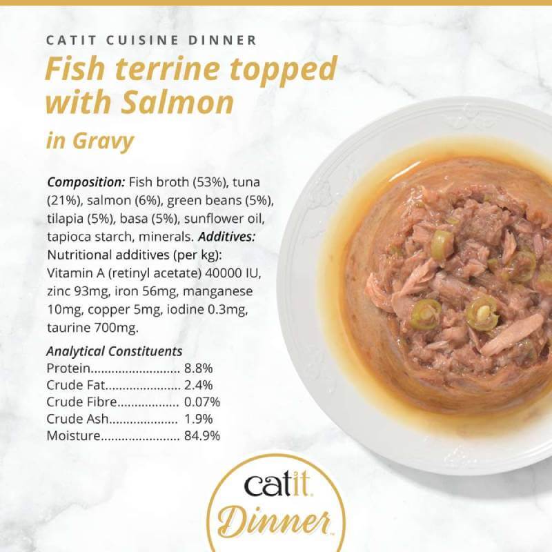 Catit Cuisine Dinners Fish by Catit, grain-free terrine with salmon chunks in gravy, plus nutrition info.