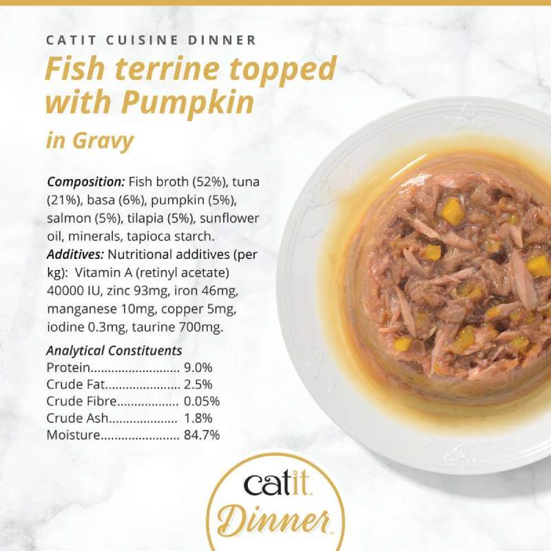 Open can of Catit Cuisine Dinners Fish cat food with pumpkin in gravy, plus ingredient details.