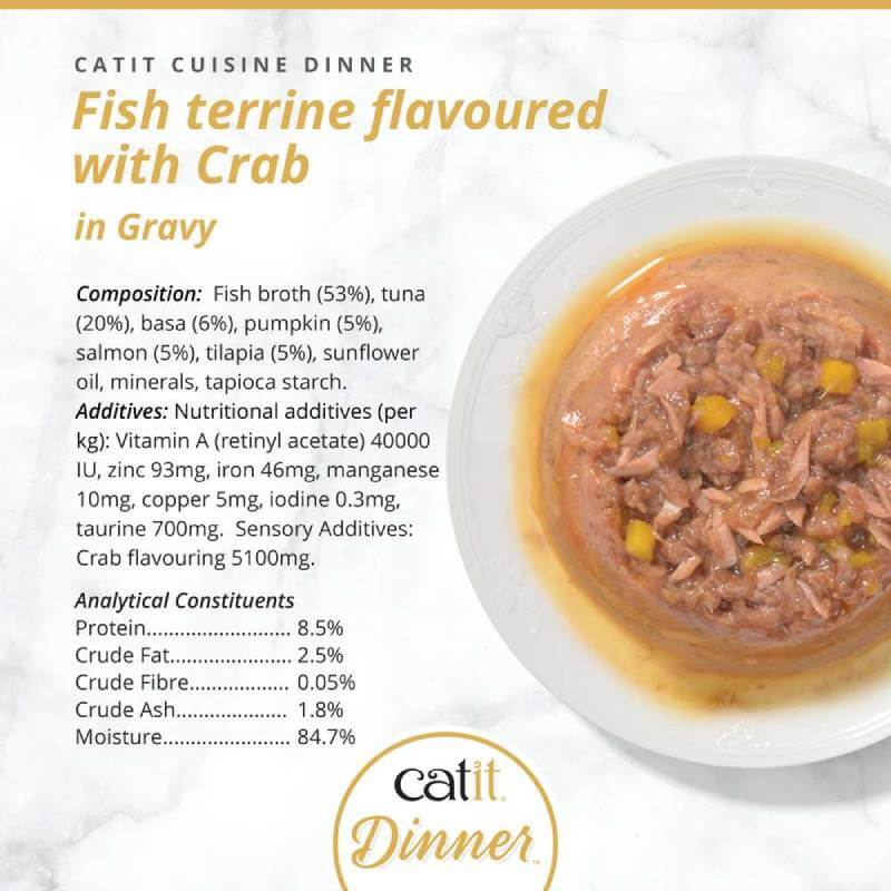 Catit Cuisine Dinners Fish cat food and crab terrine in gravy beside nutritional details.