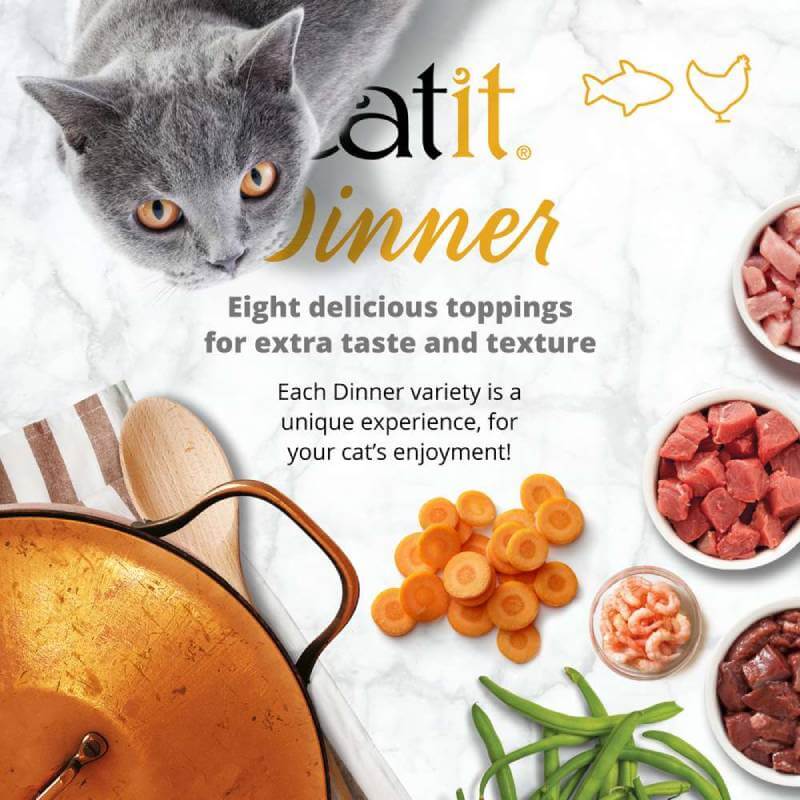 Catit Cuisine Chicken Dinners Variety Pack features protein, veggies, and shrimp for cats.