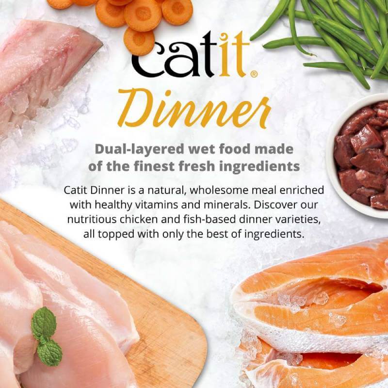 Fish, chicken, green beans, and carrots frame Catit Cuisine Chicken Dinners Variety Pack box.