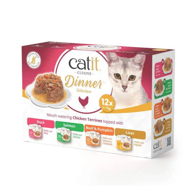 Catit Cuisine Chicken Dinners Variety Pack 12x75g, a grain-free, protein-rich cat meal.