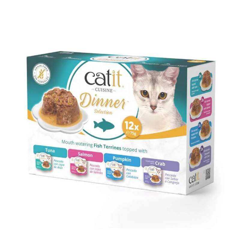 Catit Cuisine Fish Dinners Variety Pack 12x75g, protein-rich meals for your cat.