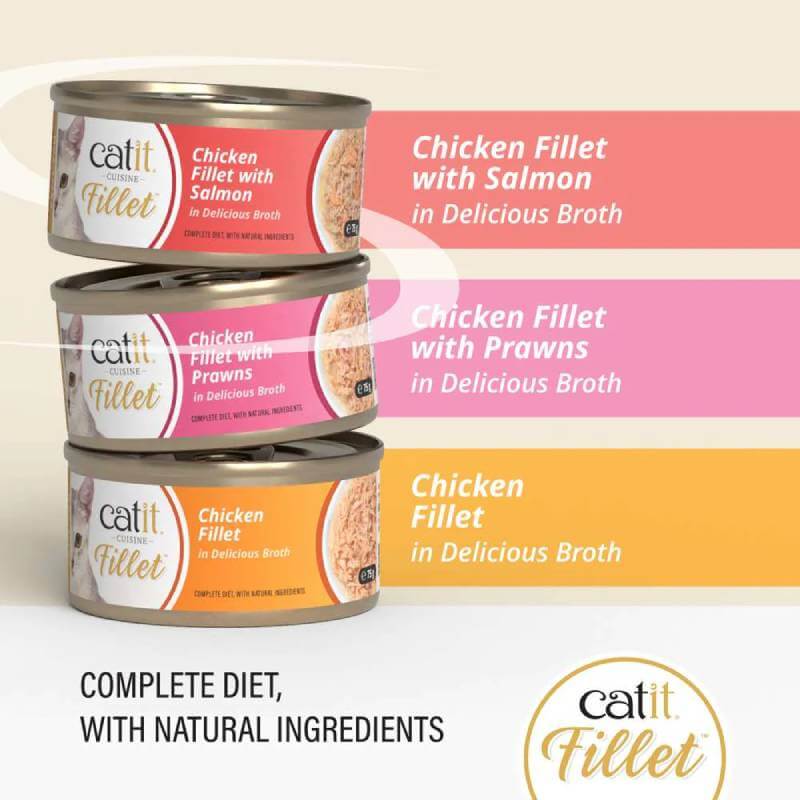 Three cans of Catit Cuisine Fillets Chicken cat food stacked with different colored labels.